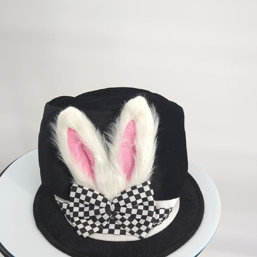 New Easter Black Top Hat with Bunny Ears & Checkered Bow Alice Costume tea party